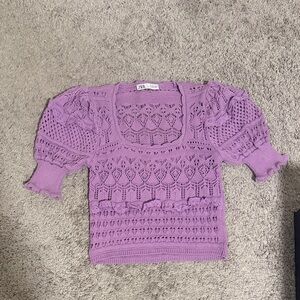 Zara Lilac Knit puff sleeve and ruffle Top